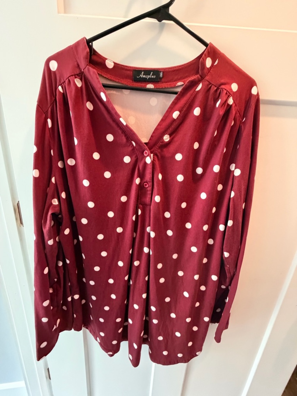 Amzplus Blouse 3XL Burgundy Polka Dot V Neck Button Front Plus Size Top
